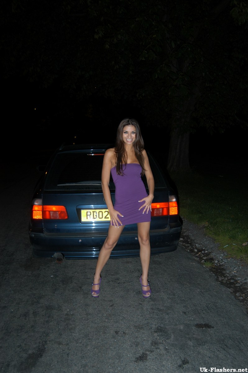 Amateur Brunette Babe with Fake Tits Wearing Platform High Heels in Car Enjoying Orgy photo